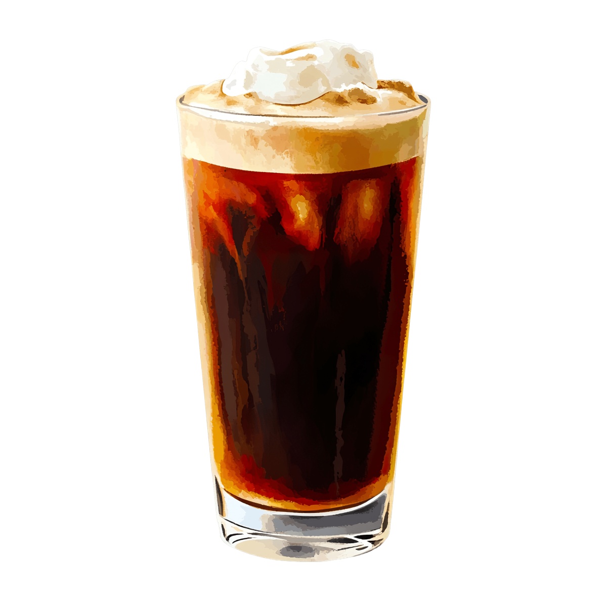 Tall glass of iced coffee with whipped cream.