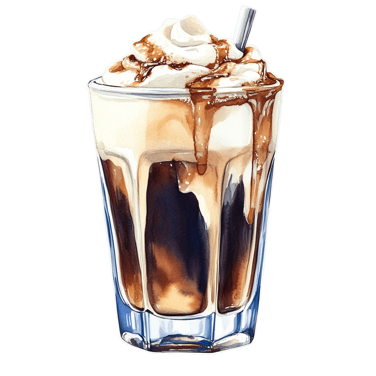 Iced coffee in a glass with whipped cream and caramel drizzle on top.