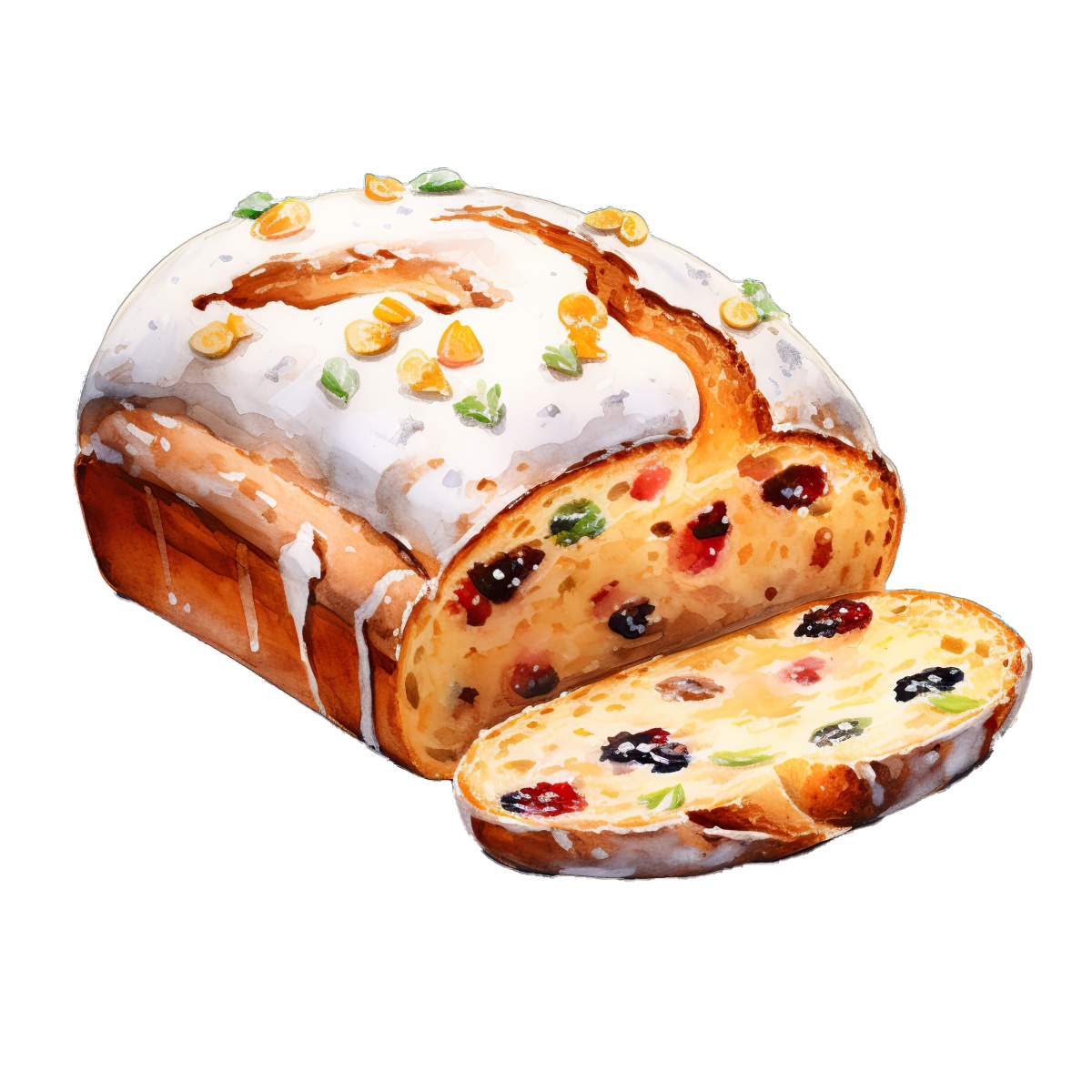 Iced fruit cake loaf with colorful candied toppings and a sliced piece.
