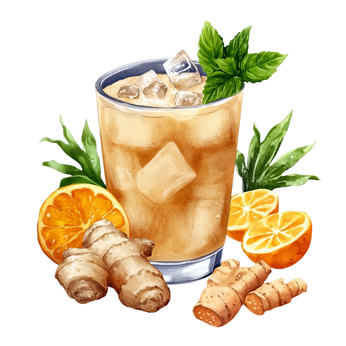 Iced ginger drink with citrus slices and mint garnish on top.