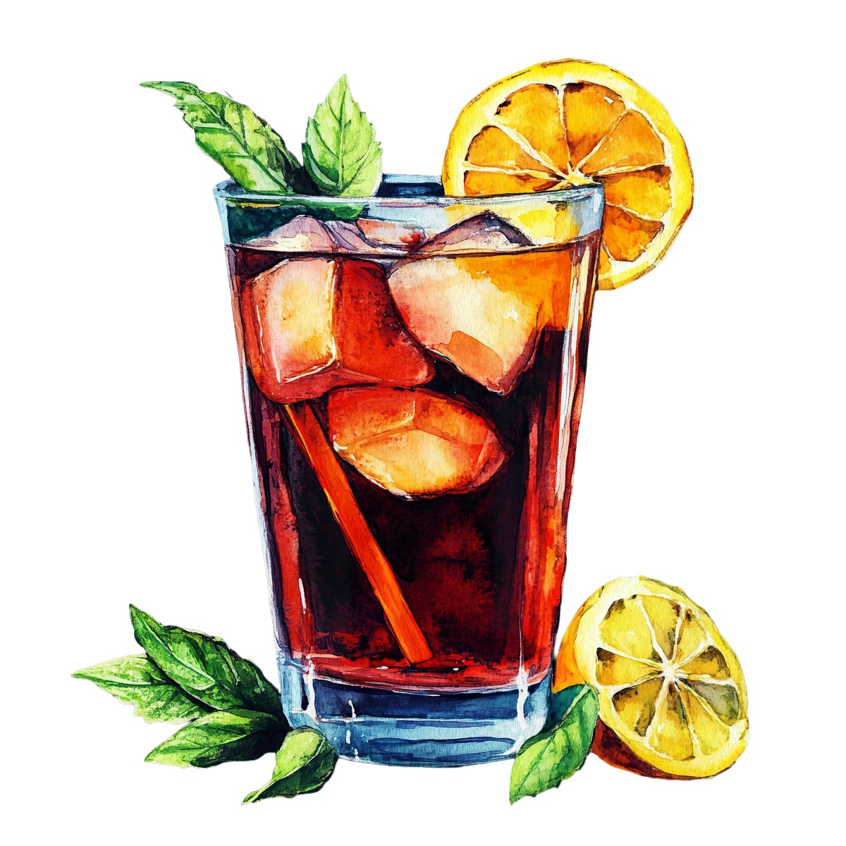 Iced tea in a glass with lemon slices and mint leaves.