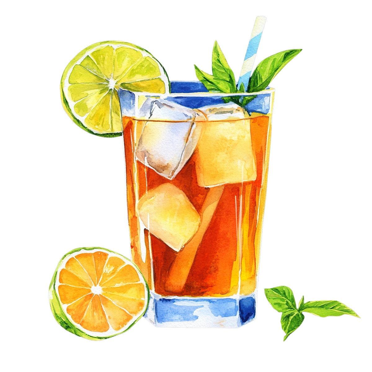 Glass of iced tea with lime slices and mint leaves garnish.