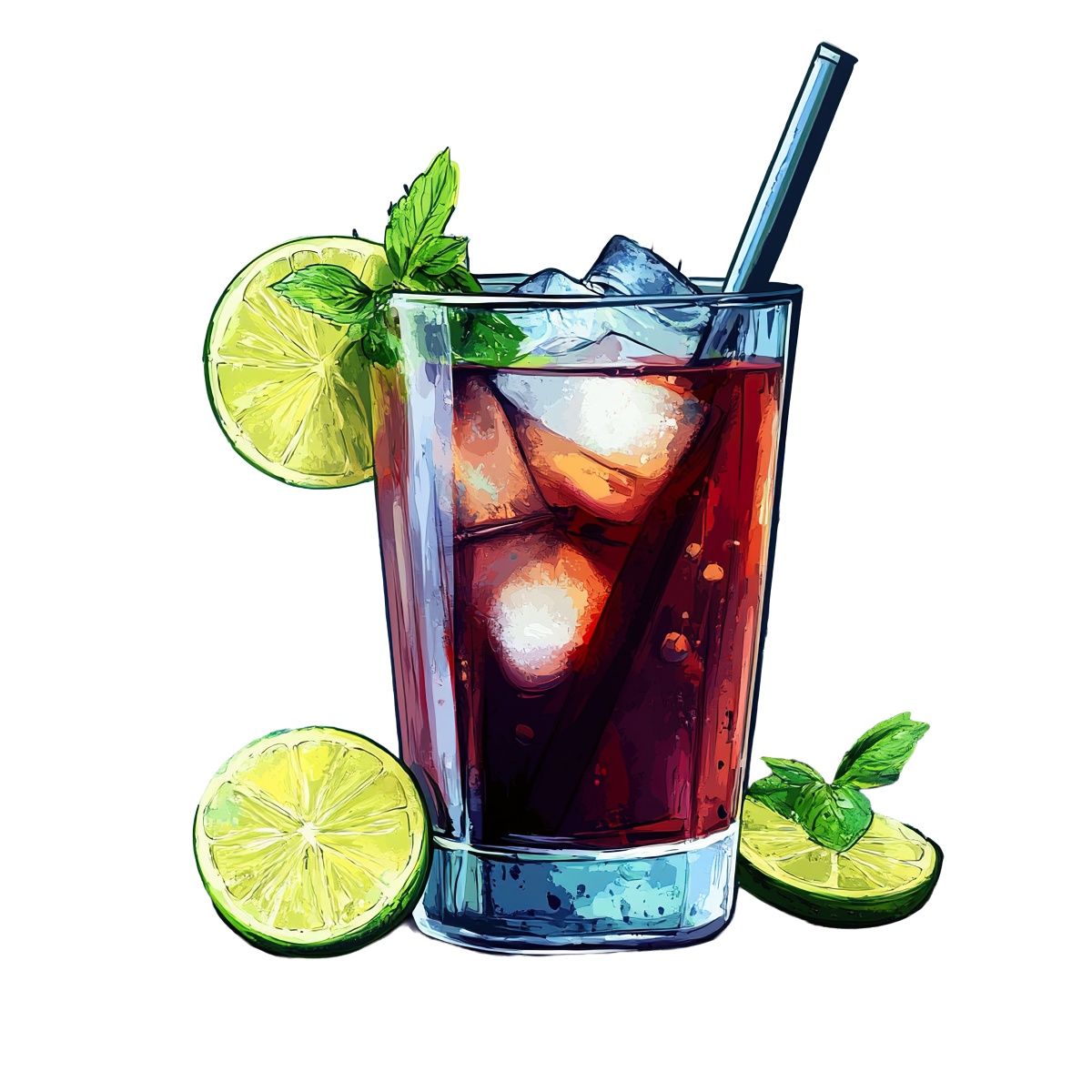 Glass of iced tea with lime slices and mint leaves garnish.