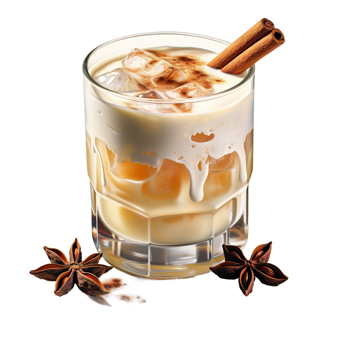 Glass of iced coffee topped with cinnamon sticks and star anise.