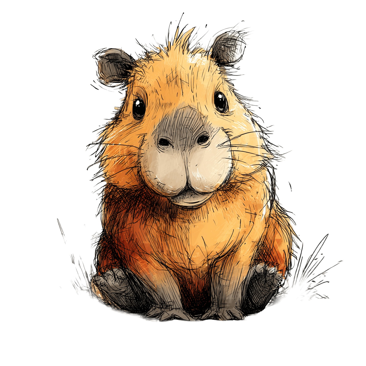 Illustration of a capybara sitting, in pen and ink style on a black background.
