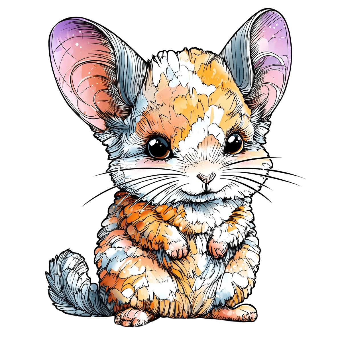 Illustrated chinchilla with colorful fur and large ears.