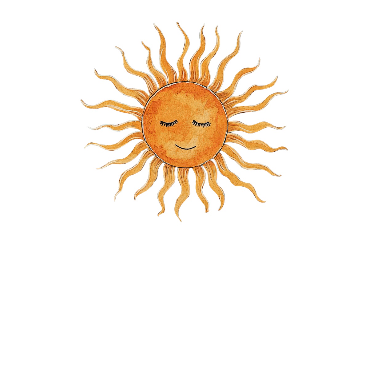Orange sun with wavy rays and closed eyes on a black background.