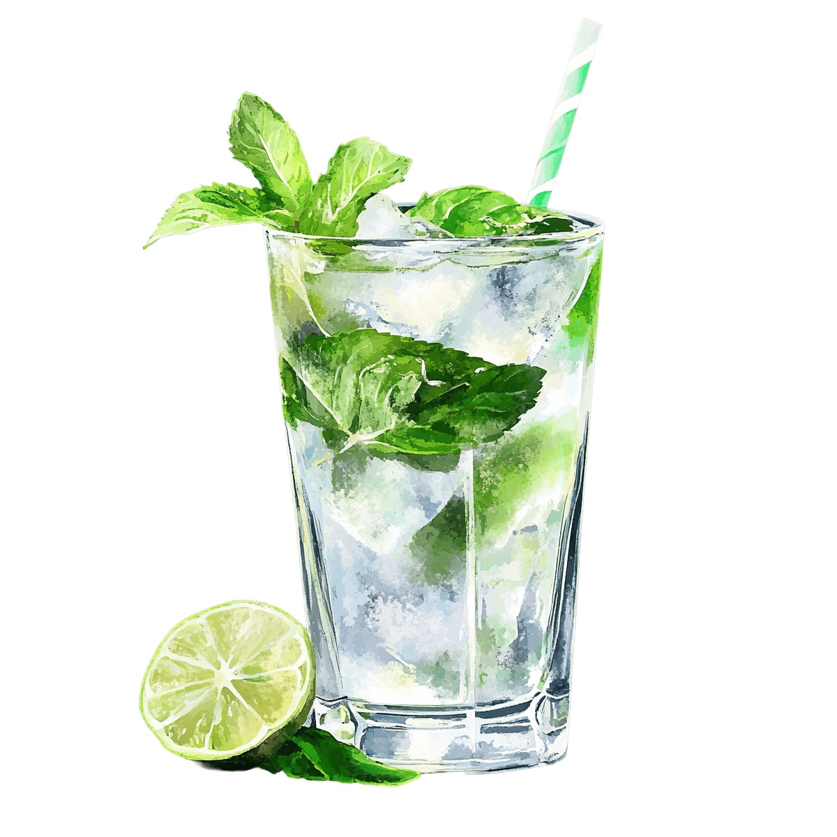 Mojito cocktail in a glass with lime and mint leaves.
