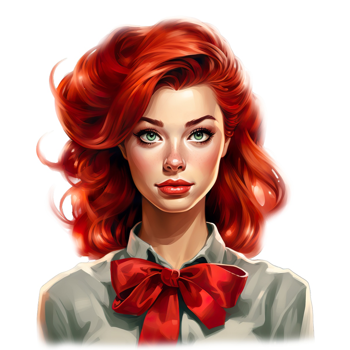 Woman with red hair and a red bow tie on a white shirt.