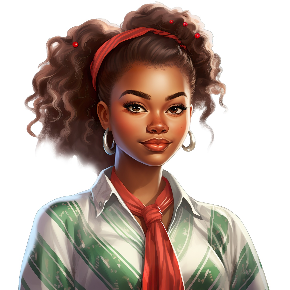 Woman with curly hair, wearing a red scarf and patterned shirt, facing forward.