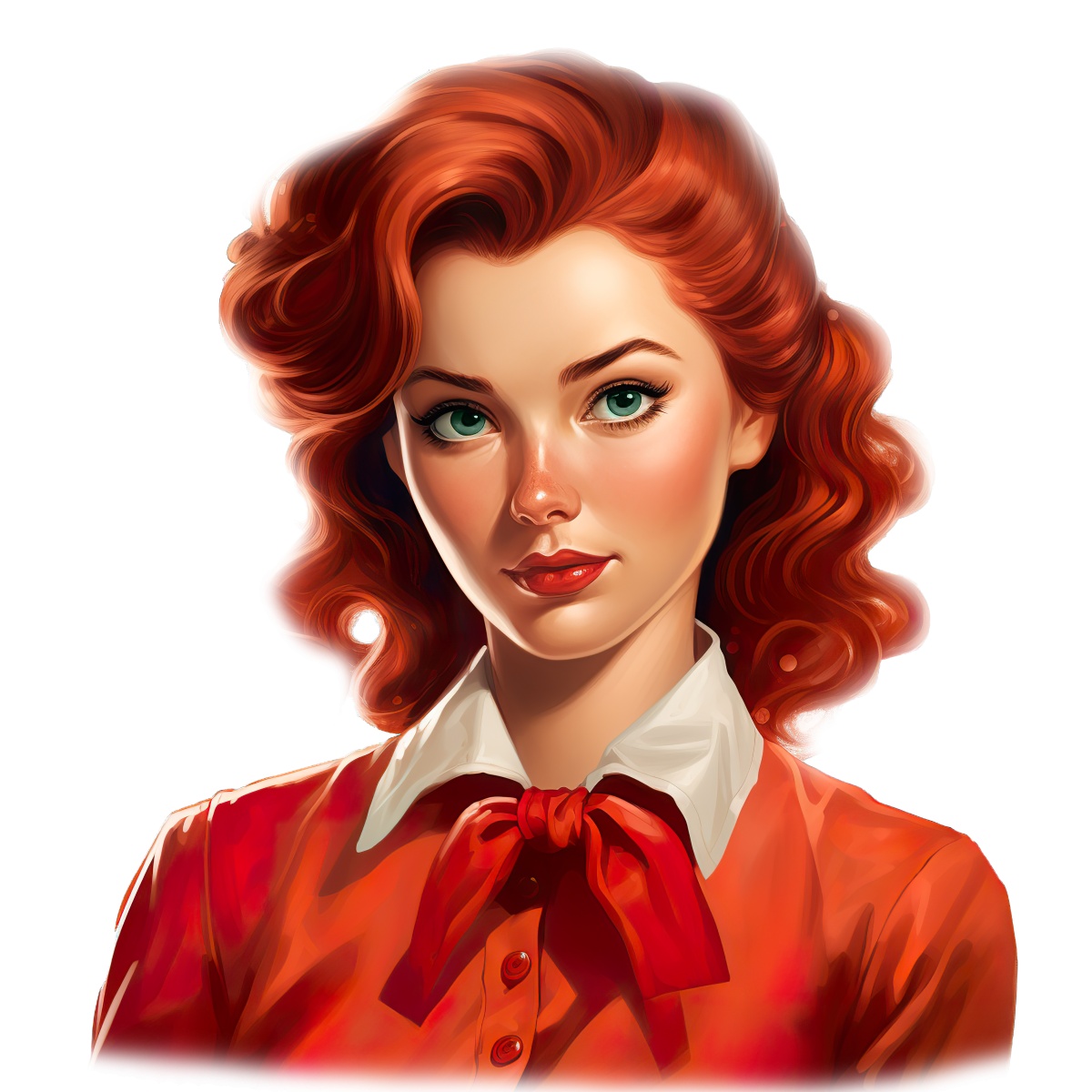Portrait illustration of a woman with red hair and bowtie.