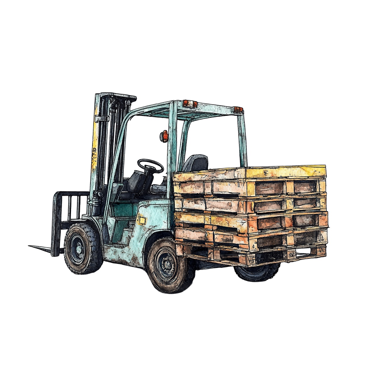 Industrial forklift carrying wooden pallets with a dark background.