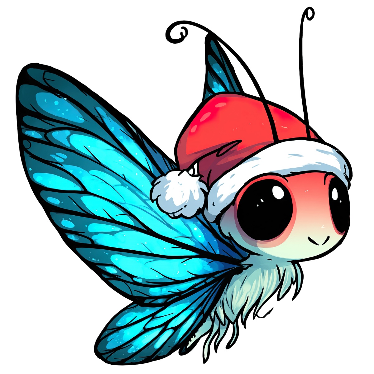 An insect with blue wings wearing a red Santa hat, in clipart style.