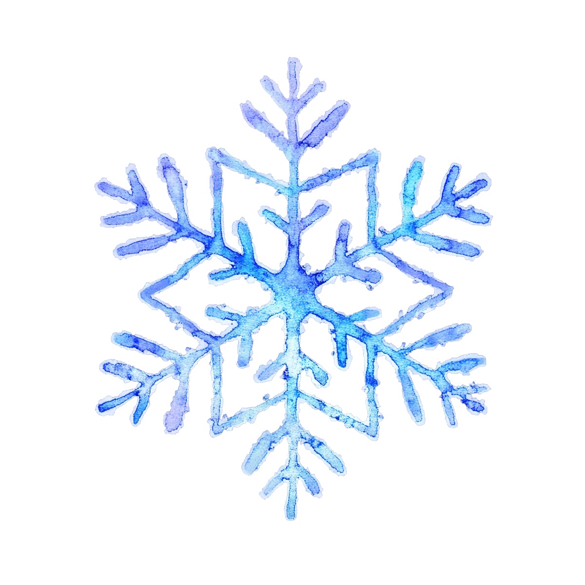 Blue watercolor snowflake with detailed patterns on black background.