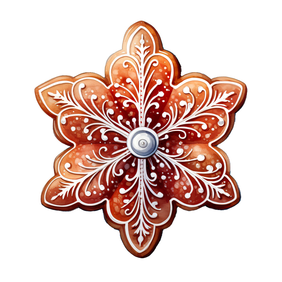 Brown Christmas ornament with white decorative patterns on a transparent background.