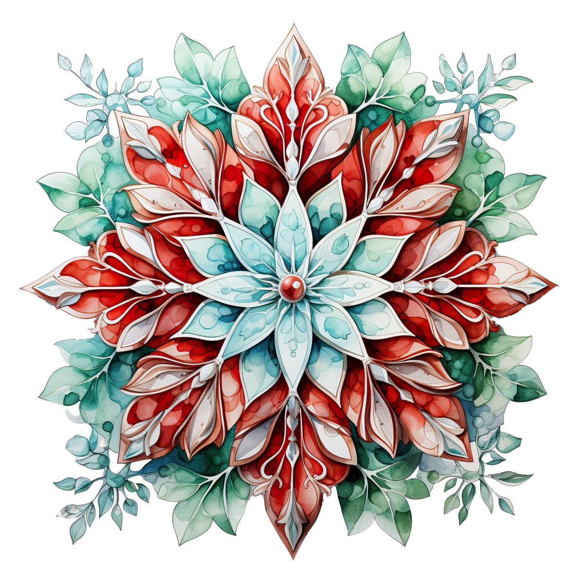 Intricate mandala with red and green leaf patterns for holiday decoration.
