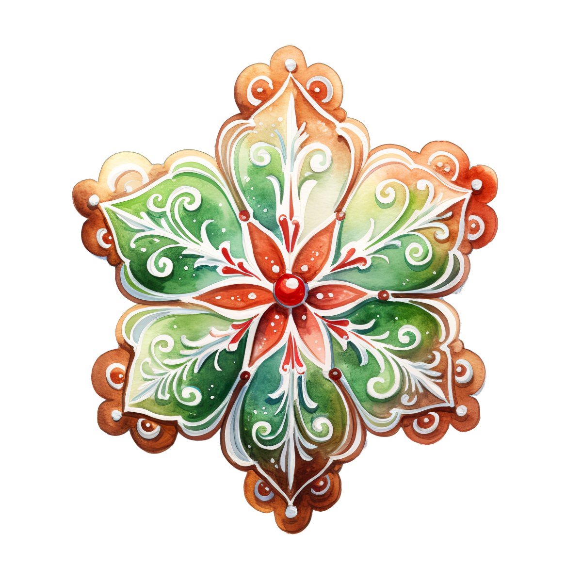 Detailed Christmas ornament with green and red patterns and intricate design.