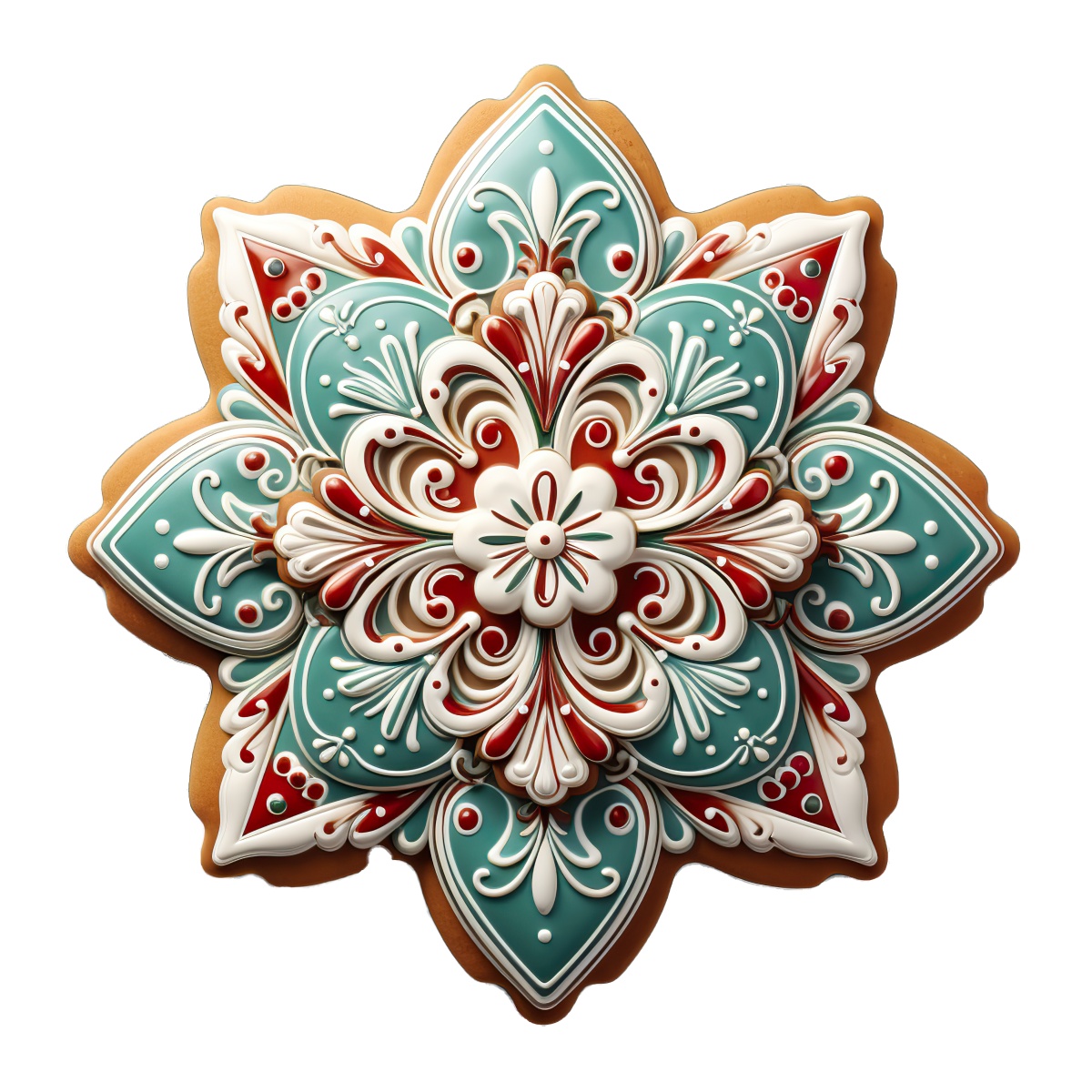 Snowflake-shaped cookie with intricate red, teal, and white icing design.