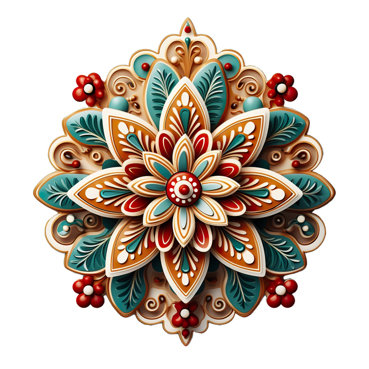 Intricate floral mandala design with earthy and teal colors, featuring detailed petals and leaves.