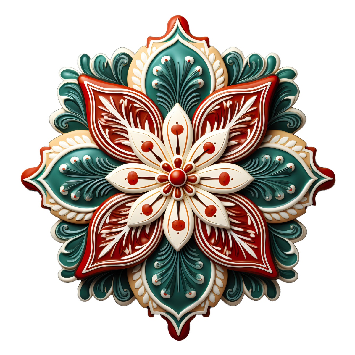 Intricate floral mandala design featuring red and teal patterns with detailed accents.