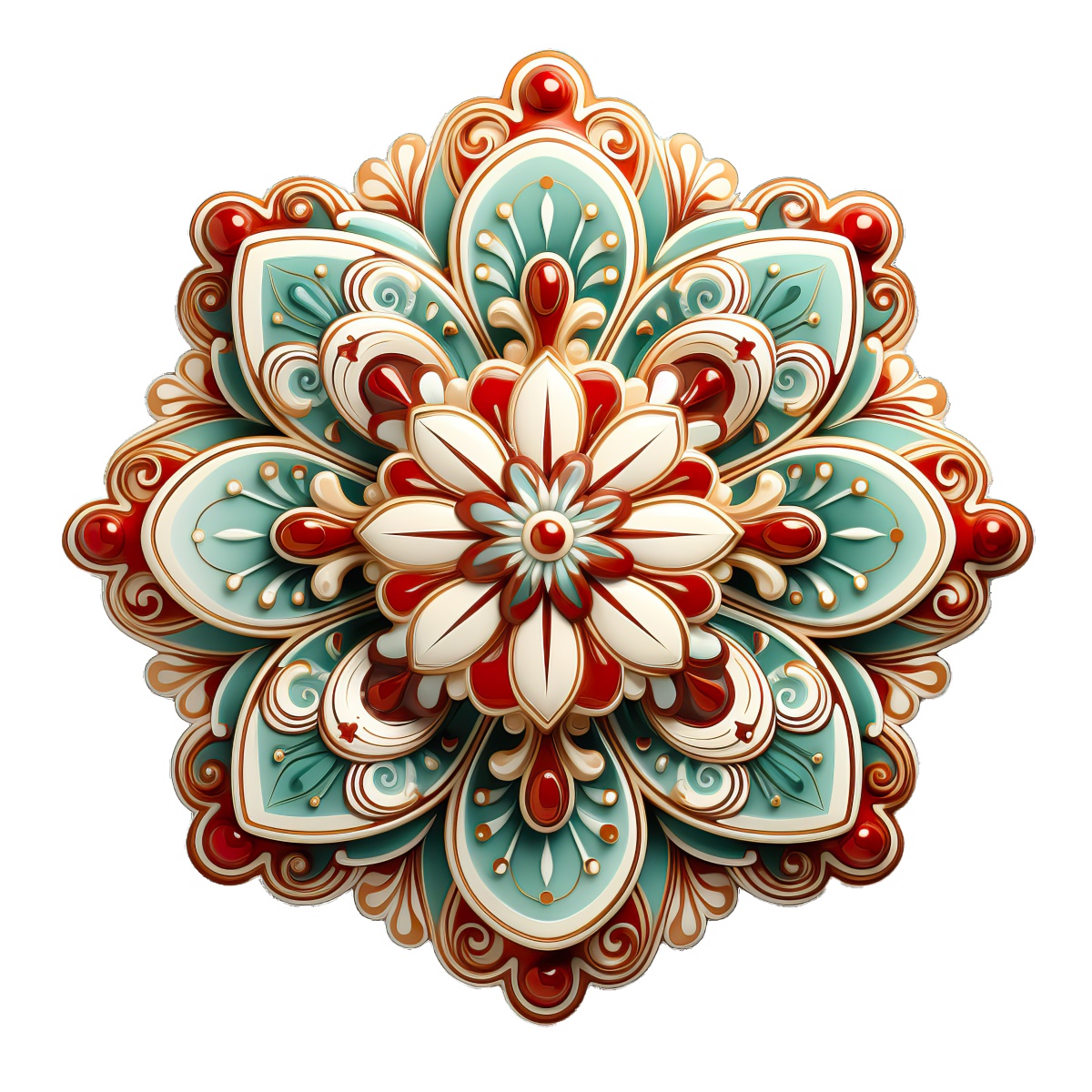 Intricate mandala design featuring red and teal floral patterns.