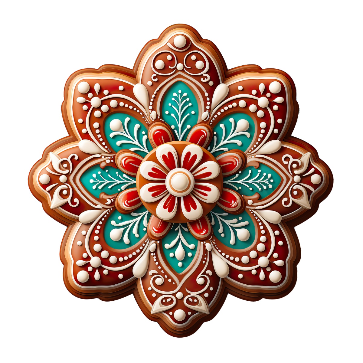 Gingerbread cookie with intricate red and teal icing design.