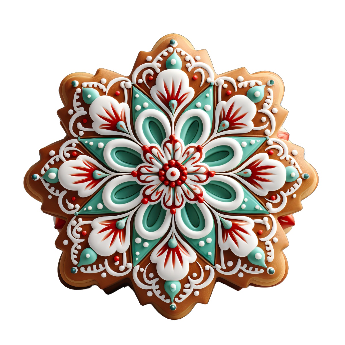 Gingerbread cookie decorated with intricate red, white, and green icing design.