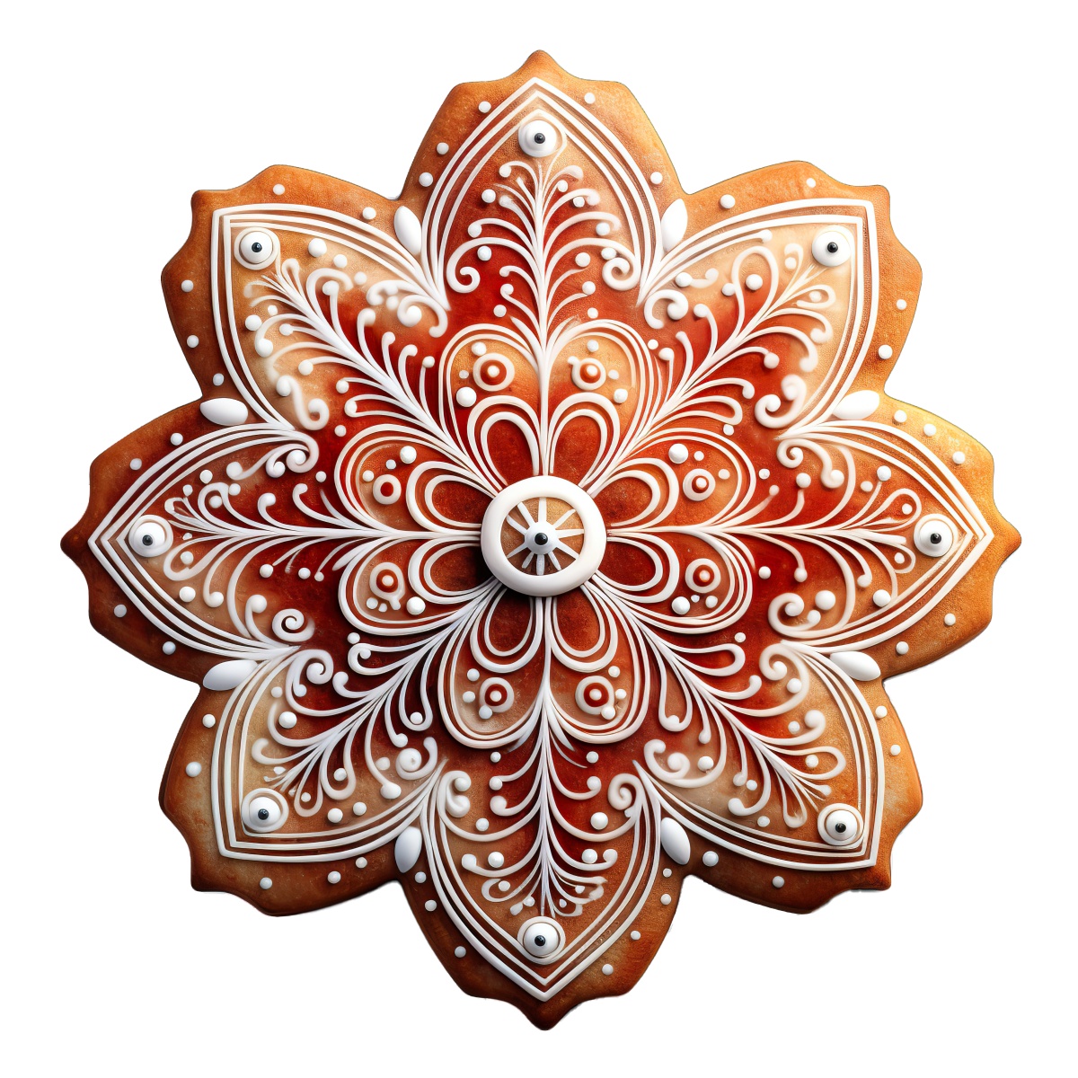 Gingerbread cookie with white icing in an elaborate floral pattern design.
