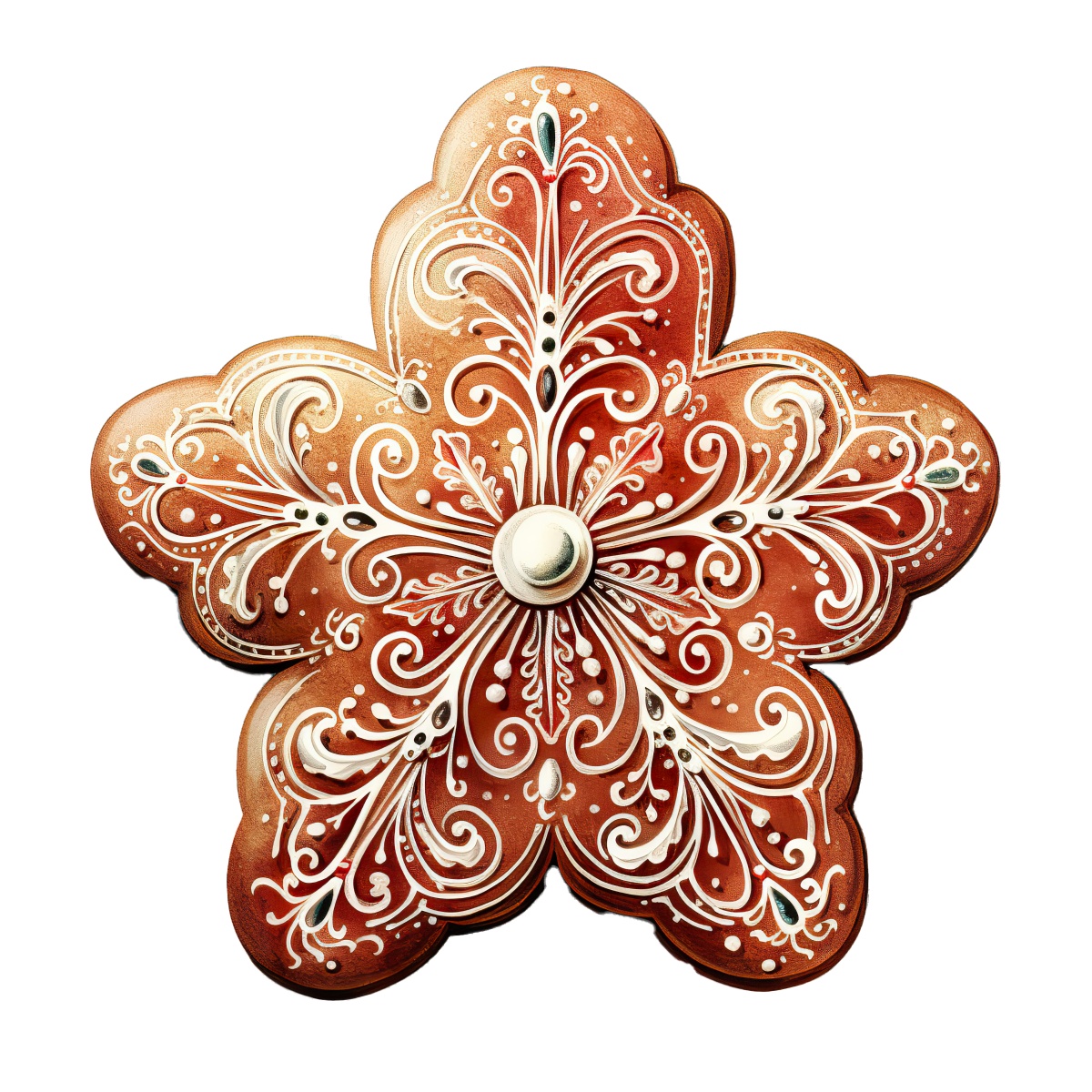 Gingerbread star ornament featuring detailed white icing patterns.