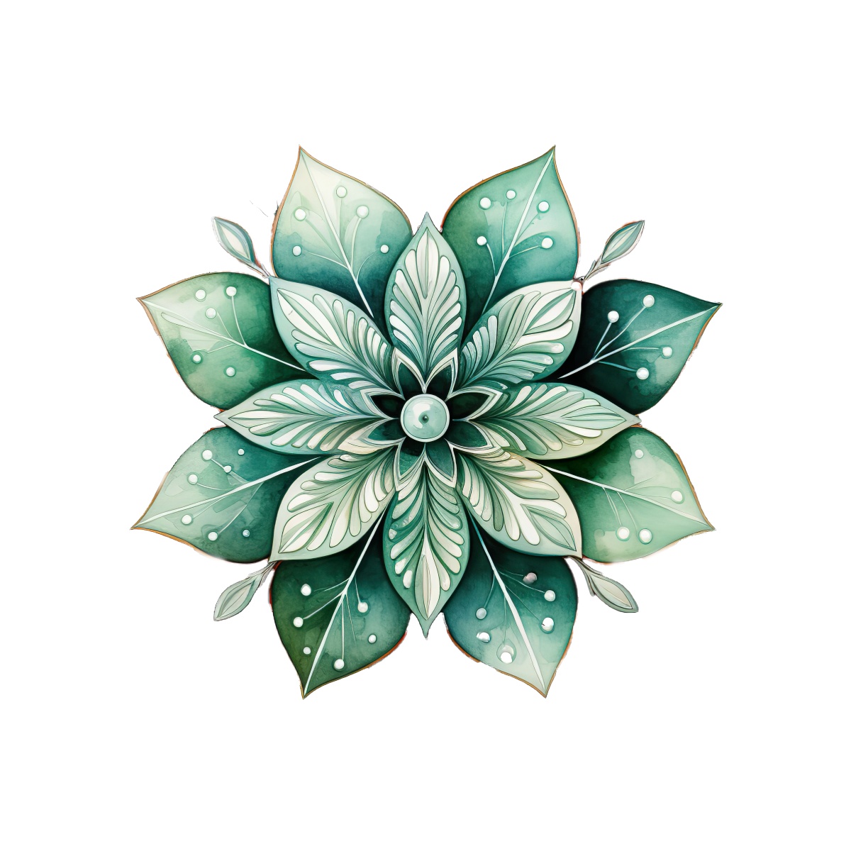 Symmetrical green mandala with layered leaves and a central flower pattern.