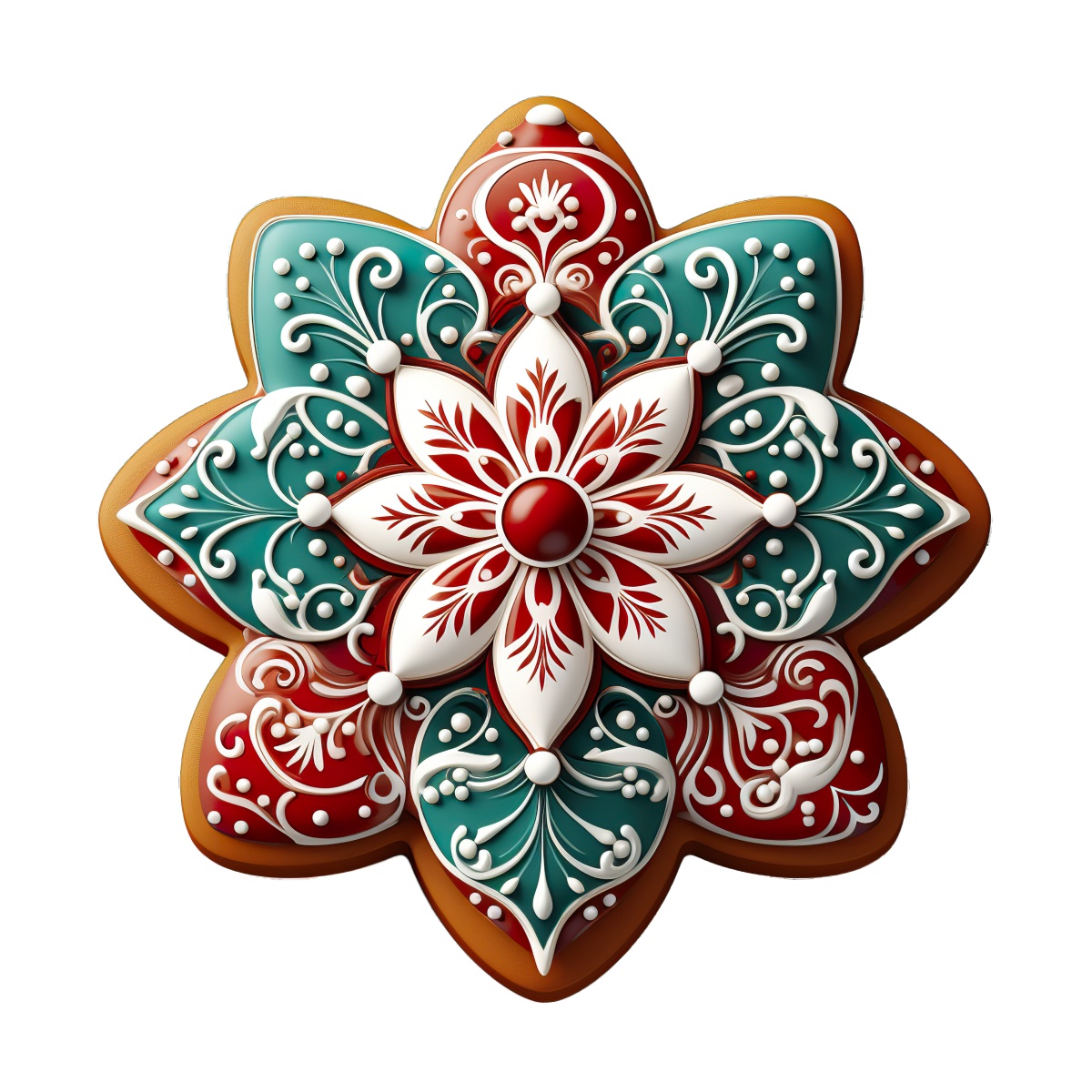 Gingerbread cookie with intricate red, green, and white frosting design.