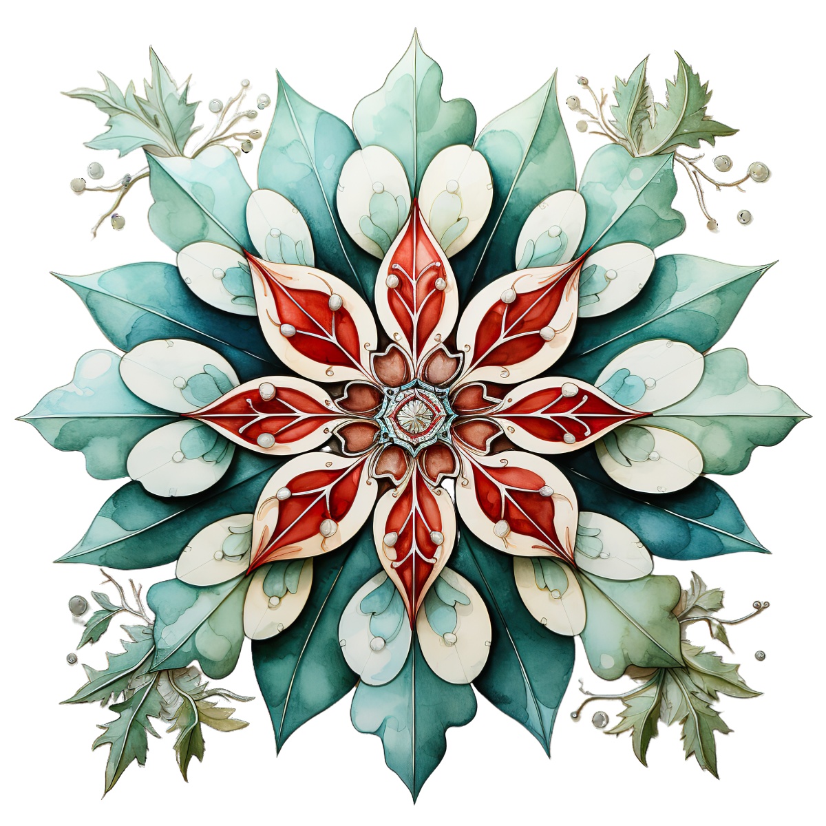 Detailed mandala design with leaves and berries in a symmetrical pattern.