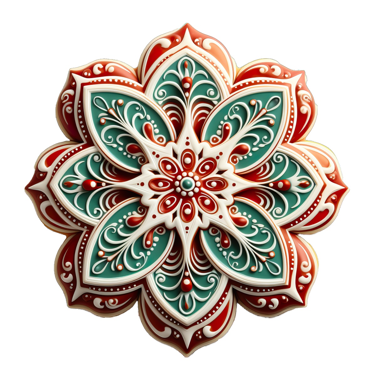 Detailed mandala design with red and green symmetrical patterns.