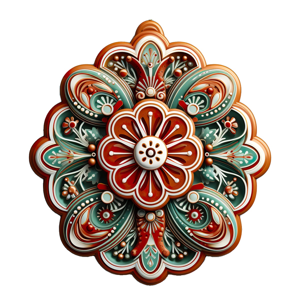 Circular mandala design with red and green ornate patterns and symmetrical details.