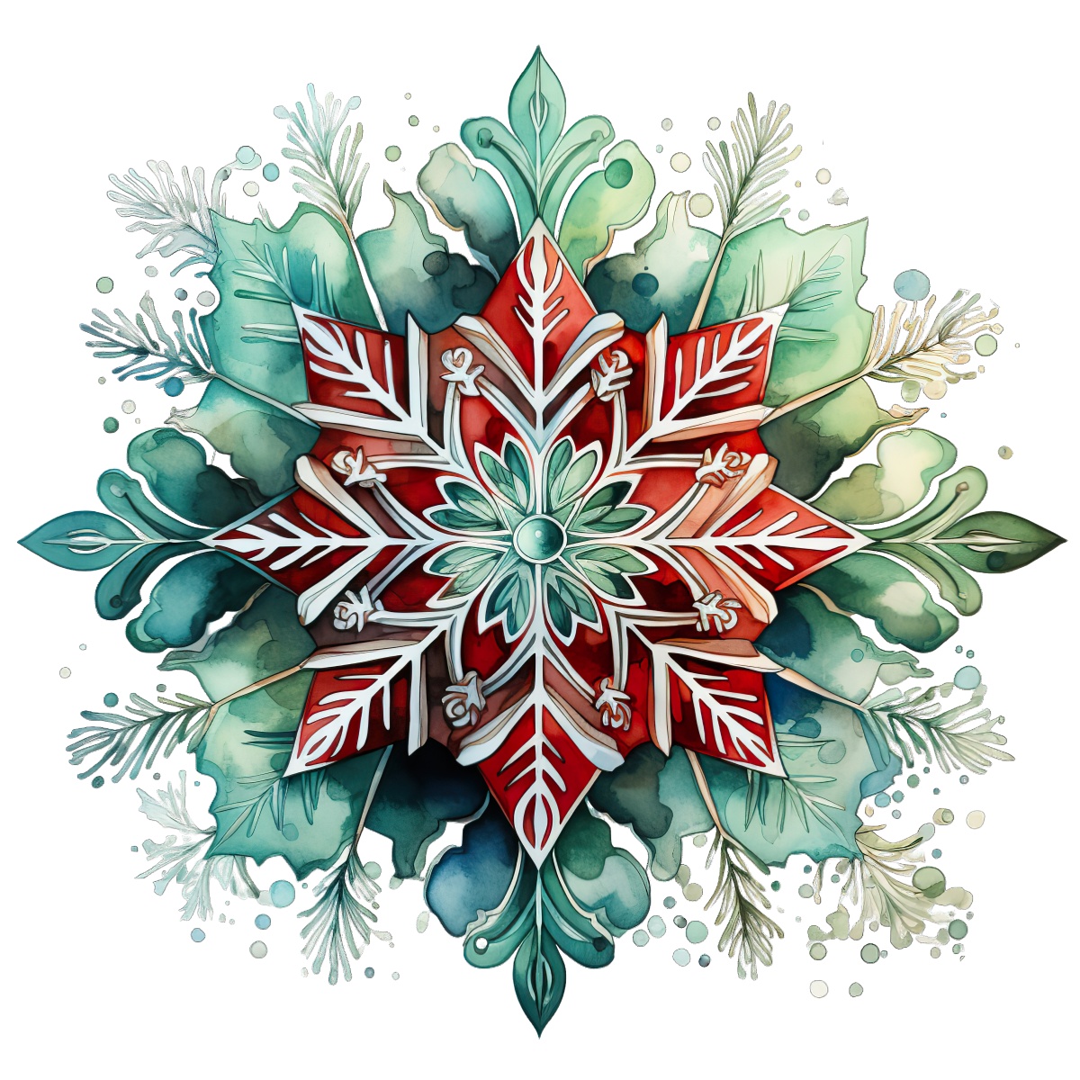 Intricate red and green mandala snowflake with pine elements for holiday theme.