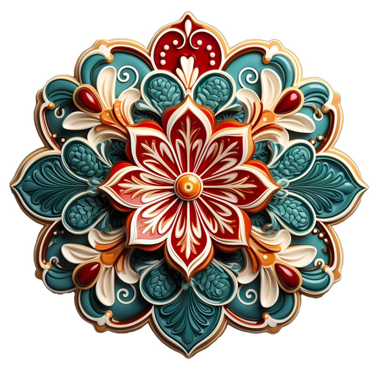 Intricate mandala style floral pattern with red and teal colors.