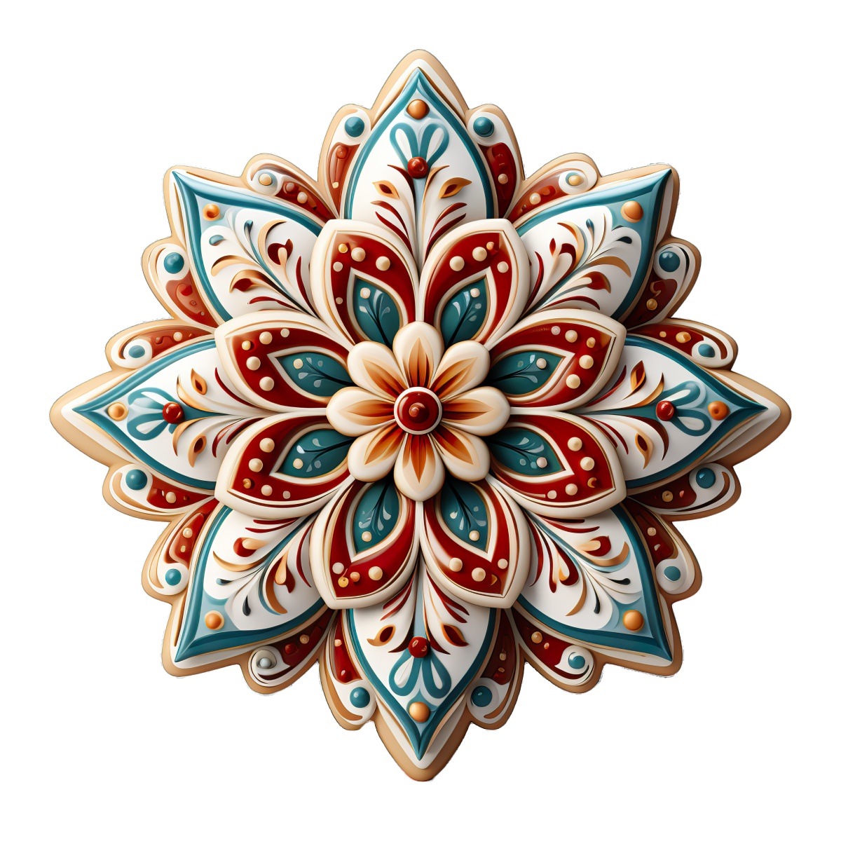 Detailed mandala design featuring floral patterns in red, teal, and white.