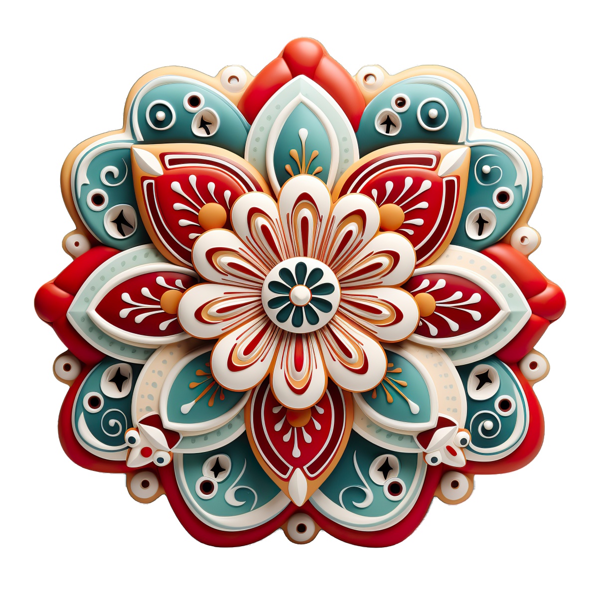 Detailed mandala with red and blue floral patterns and ornate design elements.