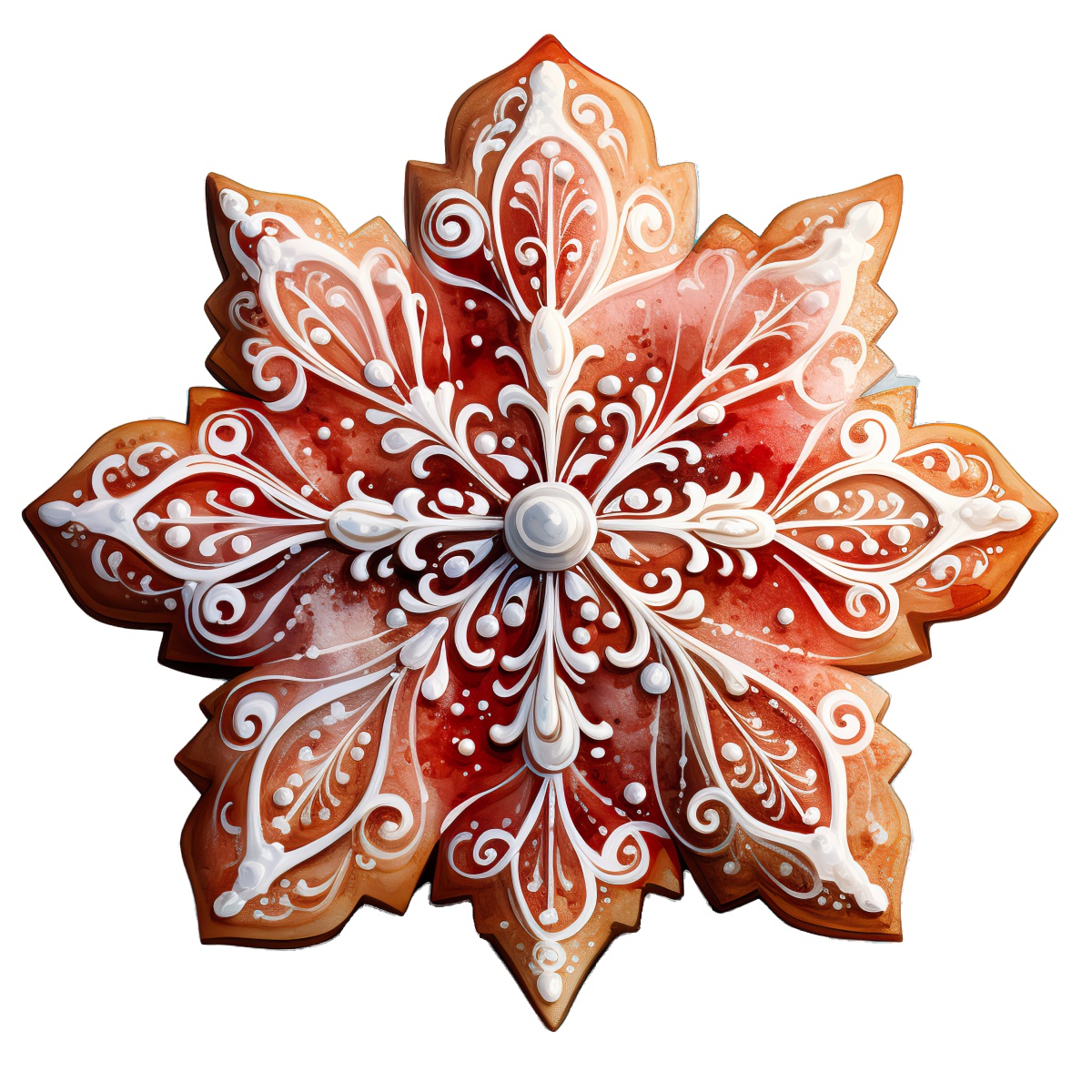 Snowflake-shaped gingerbread cookie with red and white decorative icing patterns.