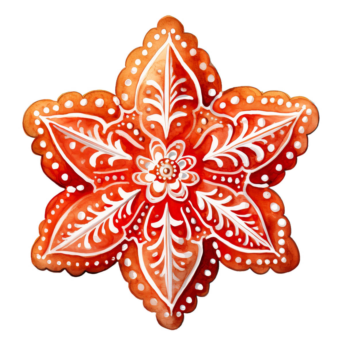 Red gingerbread cookie with white icing and detailed patterns for holiday themes.