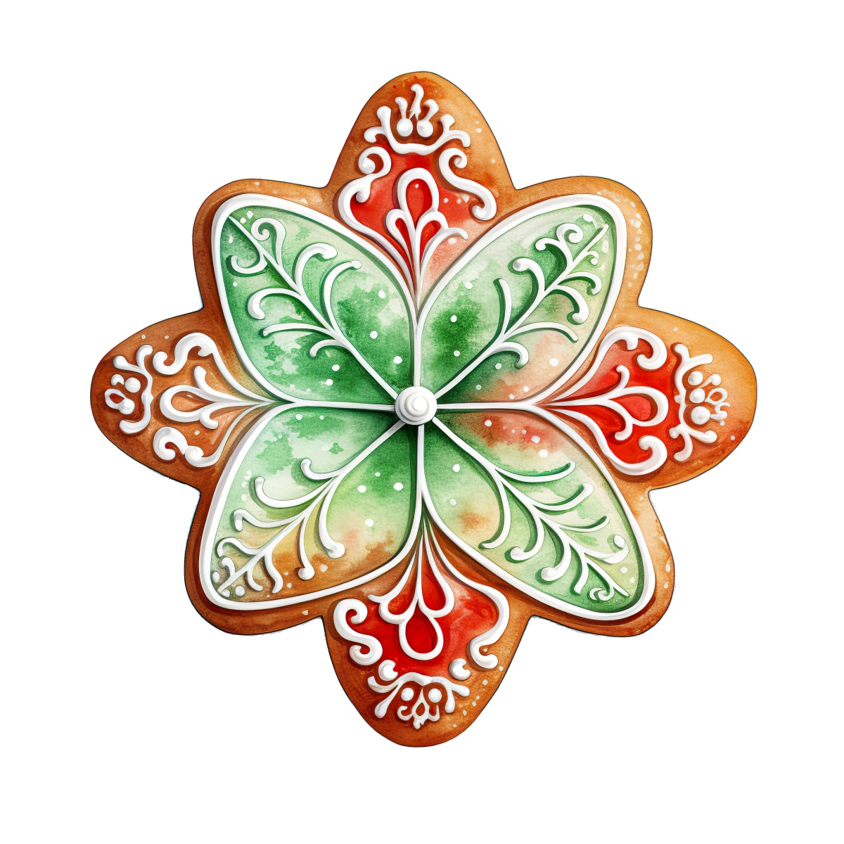 Snowflake-shaped gingerbread cookie with red and green intricate icing design.