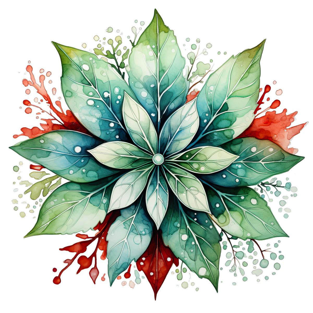 Symmetrical watercolor leaves with green and red splashes in abstract design.