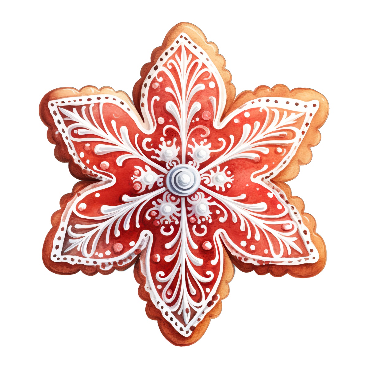 Red star cookie intricately decorated with white icing, festive design.
