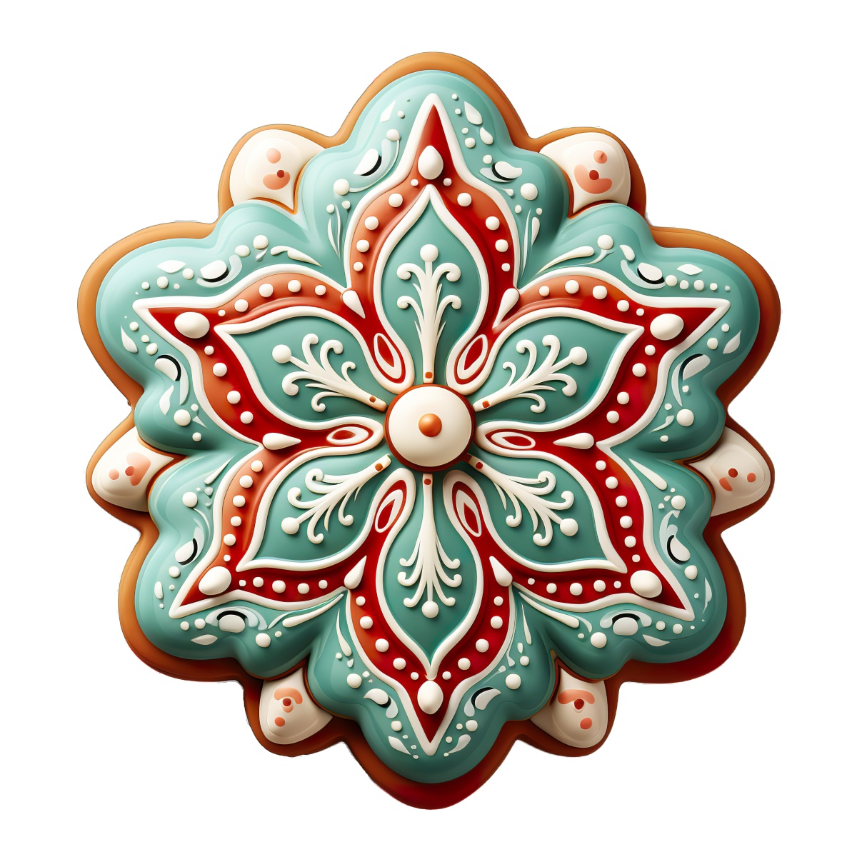 Gingerbread cookie with red and teal icing in an intricate holiday design.