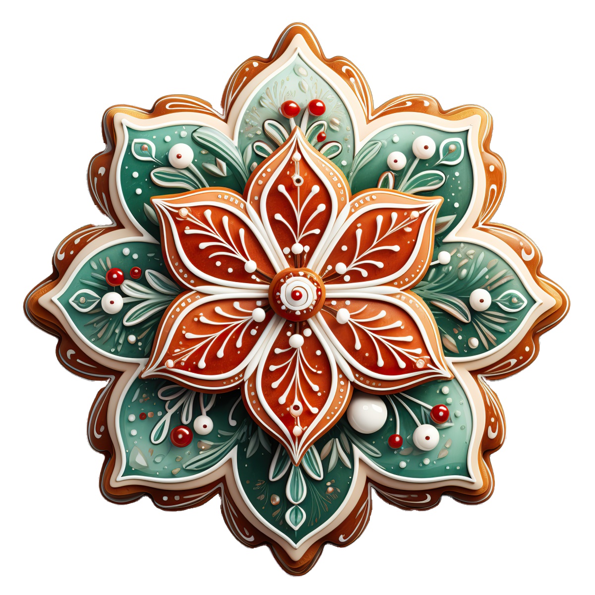 Ornamentally designed holiday cookie with red and green floral patterns.