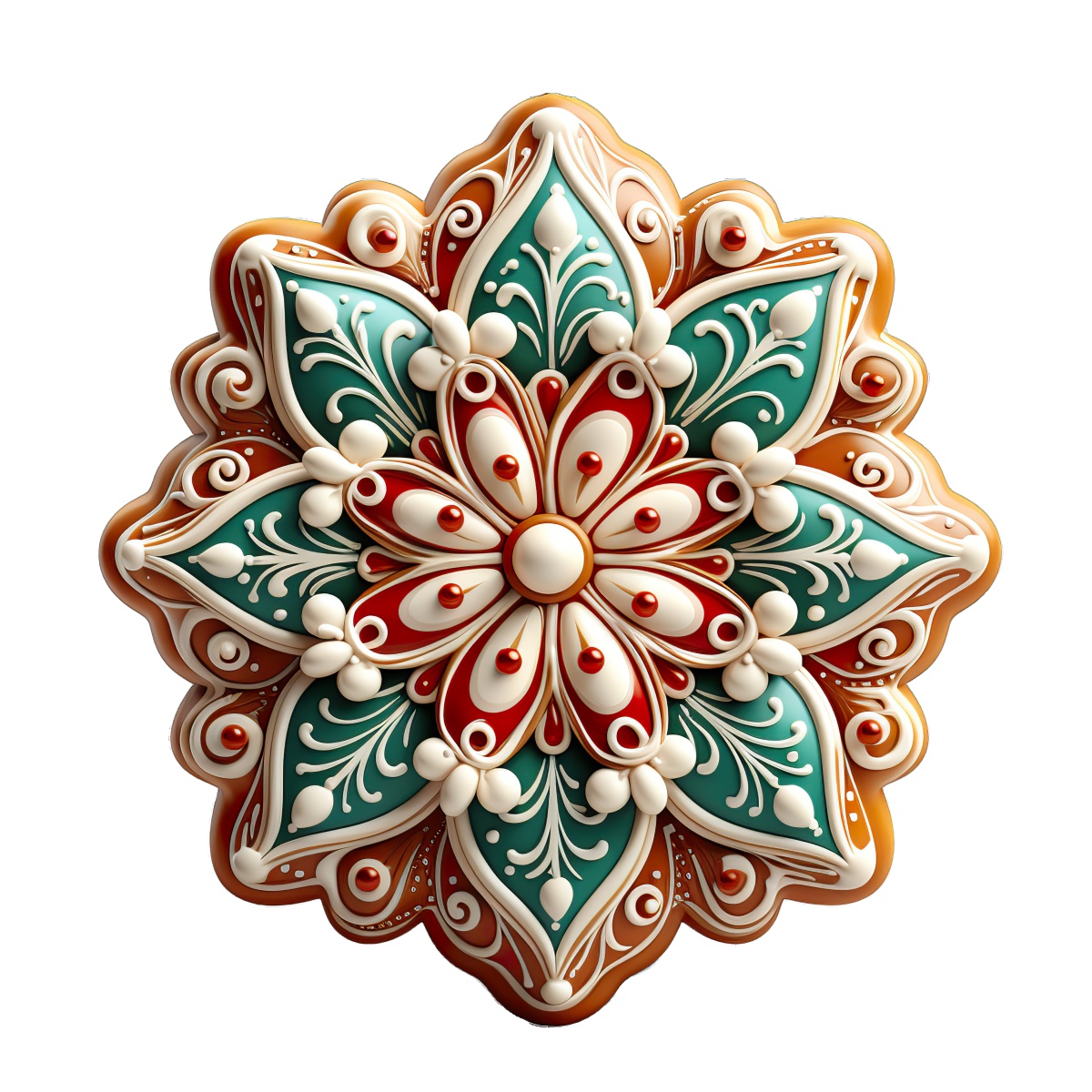 Intricate gingerbread cookie with red, green, and white floral icing design.