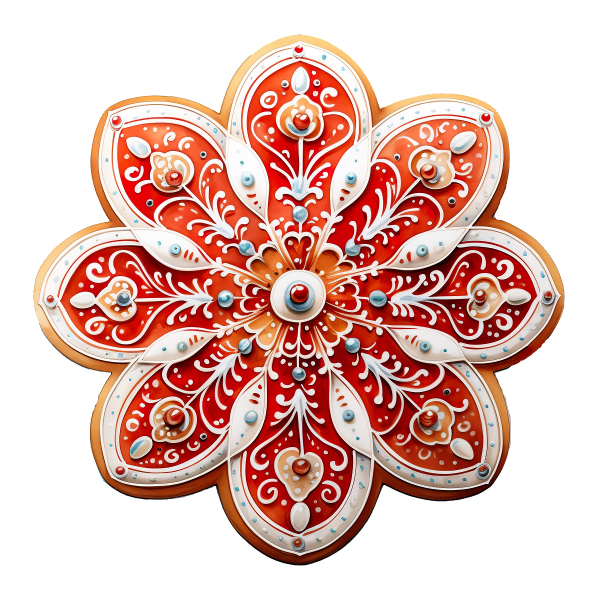 Ornamental cookie with red and white icing in detailed floral design.