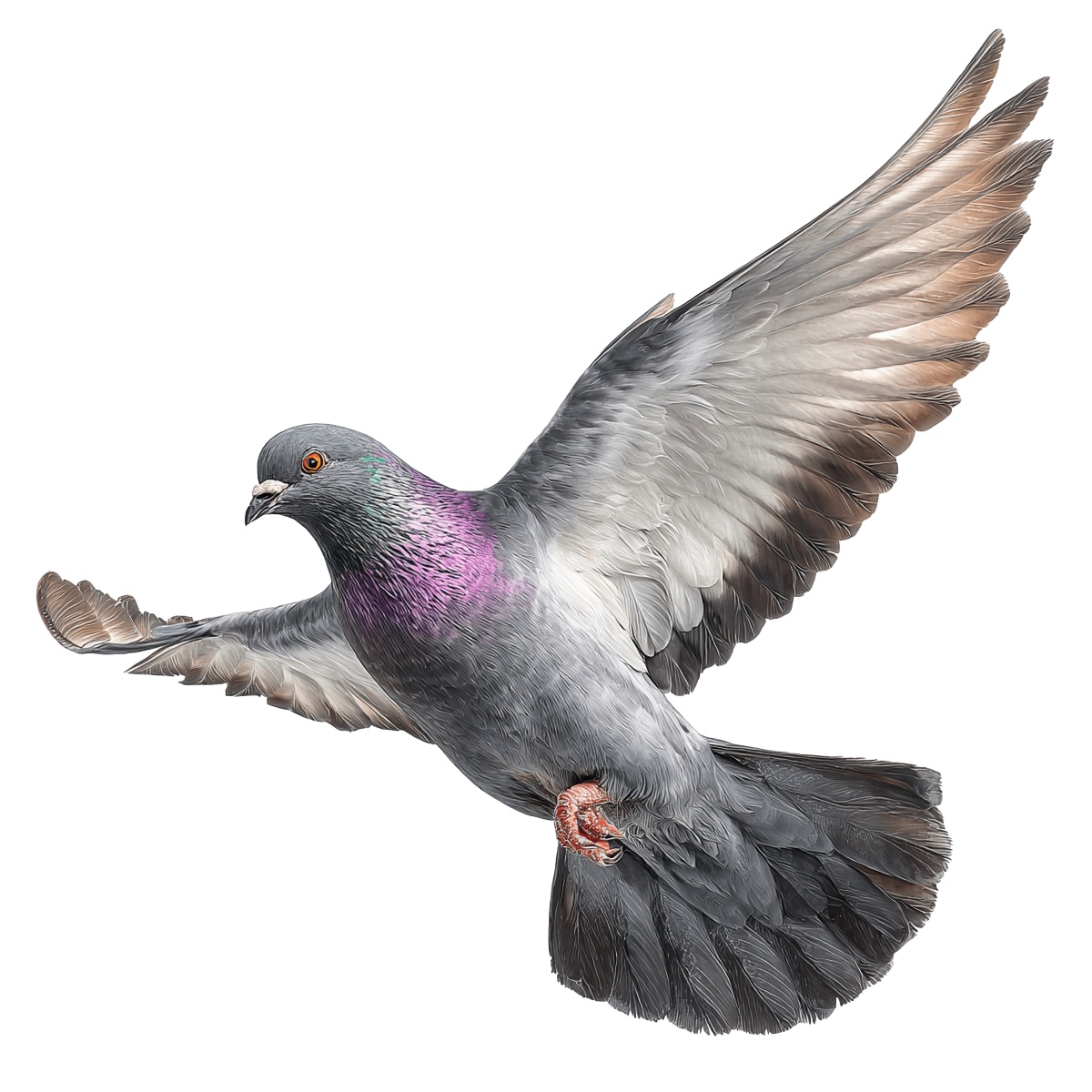 Iridescent pigeon with outstretched wings