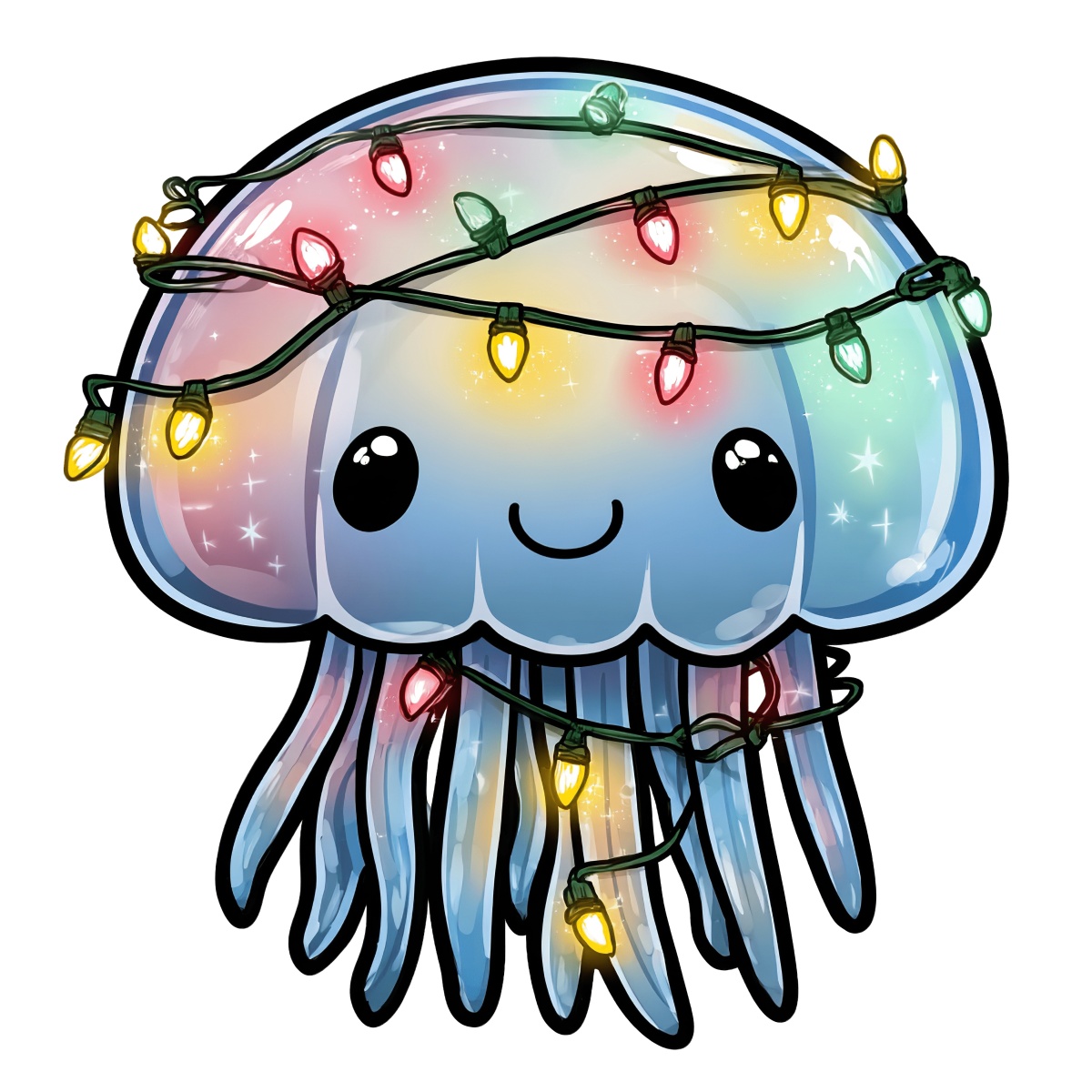 Jellyfish with colorful holiday lights wrapped around it.