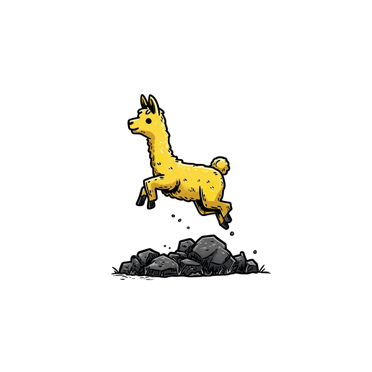 Yellow llama jumping over rocks in cartoon style.